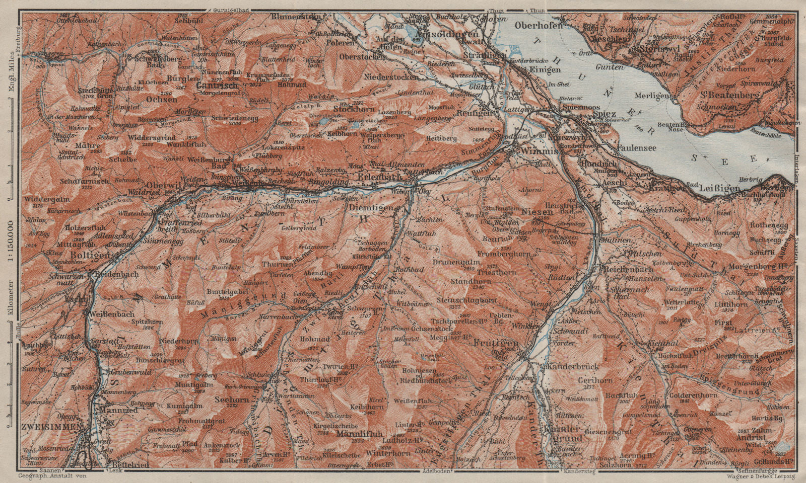 THUNER SEE. SIMME/KANDER VALLEYS. Gantrisch Spiez Frutigen Oberwil 1909 map